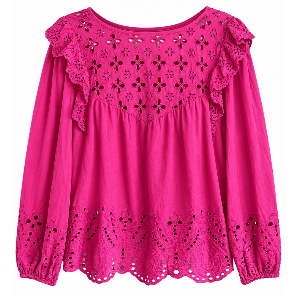 Jennifer & Grace Eyelet Blouse Small Fuchsia Cotton Boho Cottagecore Ruffle